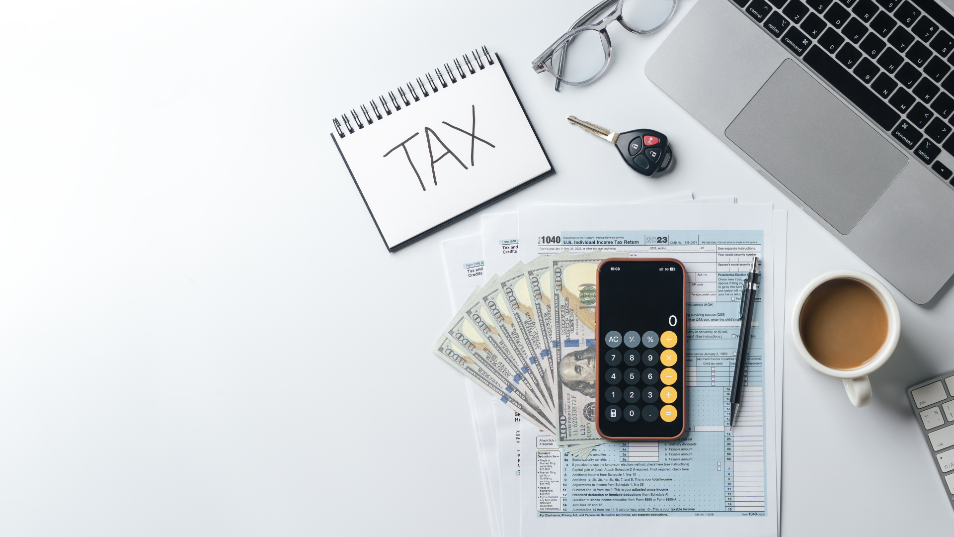 Tax forms and calculator representing average property tax costs in Illinois